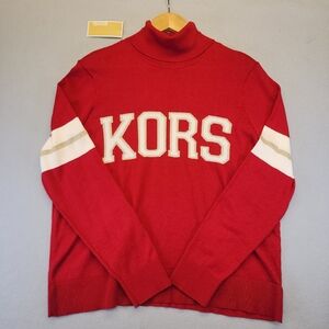 Michael Kors NWT Red Currant Logo Turtleneck Varsity Stripe Knit Sweater Large